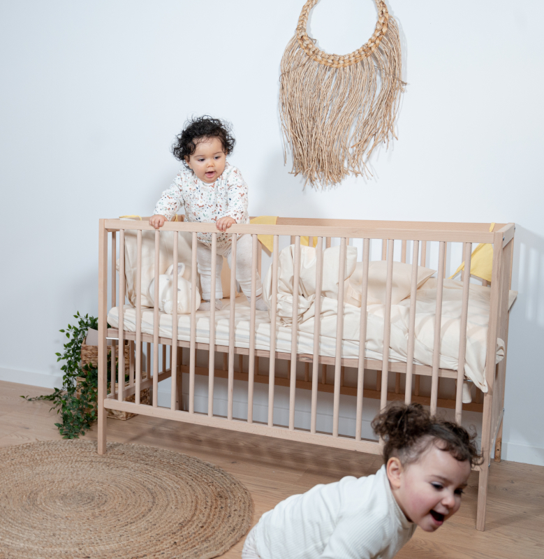image représentant deux enfants jouants, l'un dans un lit à barreau et l'autre, au sol