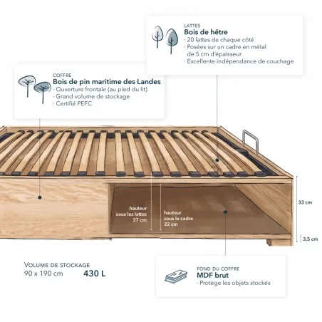 Lit coffre enfant en bois brut
