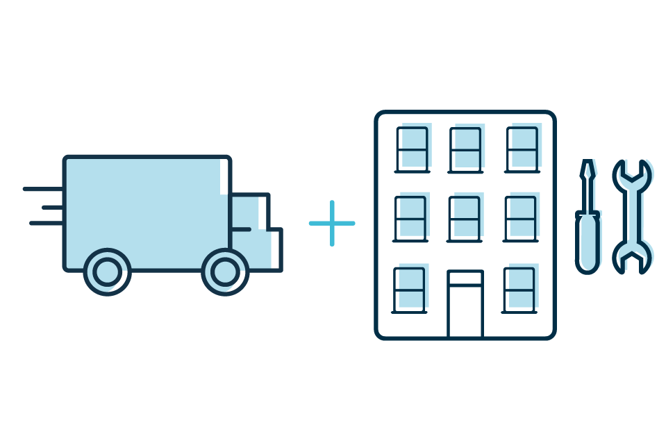 Pictogramme illustrant la livraison et le montage des produits en kit, quel que soit l'étage de livraison
