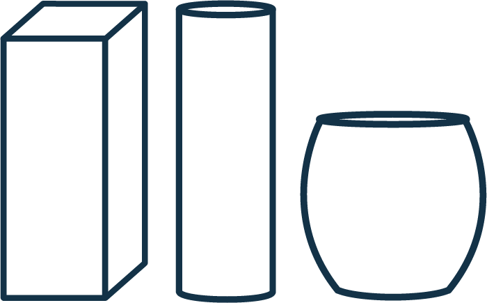 Pictogramme représentant les trois types de forme de pieds disponibles : cylindrique, rectangulaire et ovale