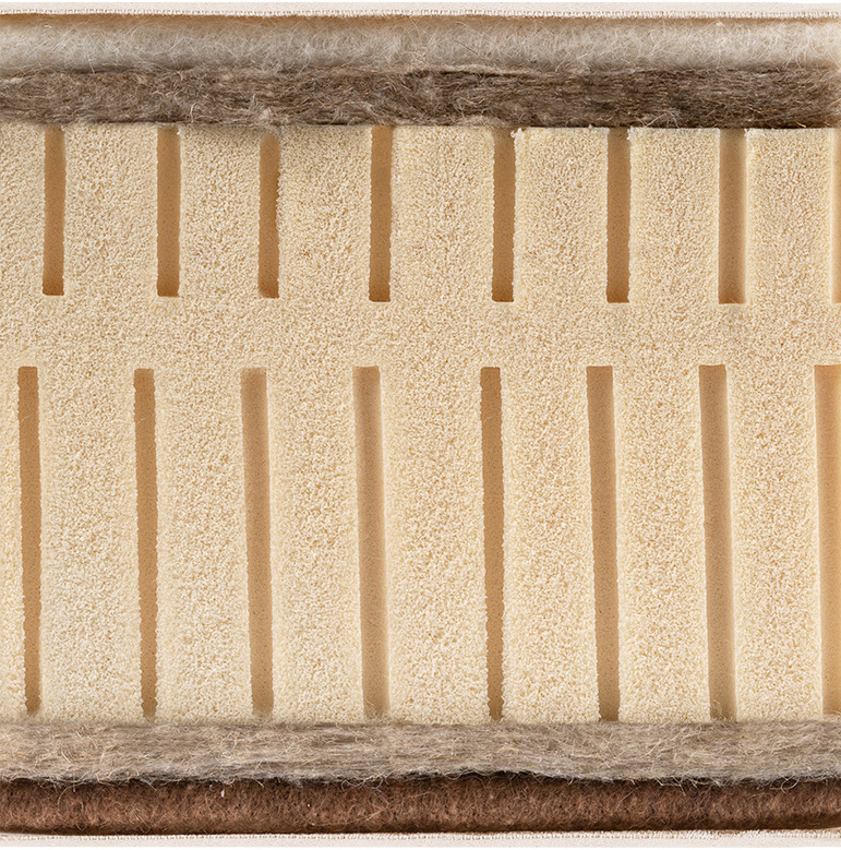 Coupe du matelas prestige moelleux présentant les différentes matières le composant