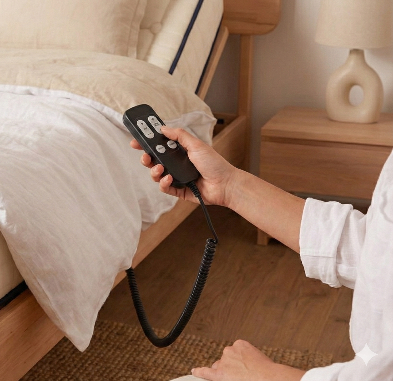 Main tenant une télécommande pour ajuster un lit électrique.